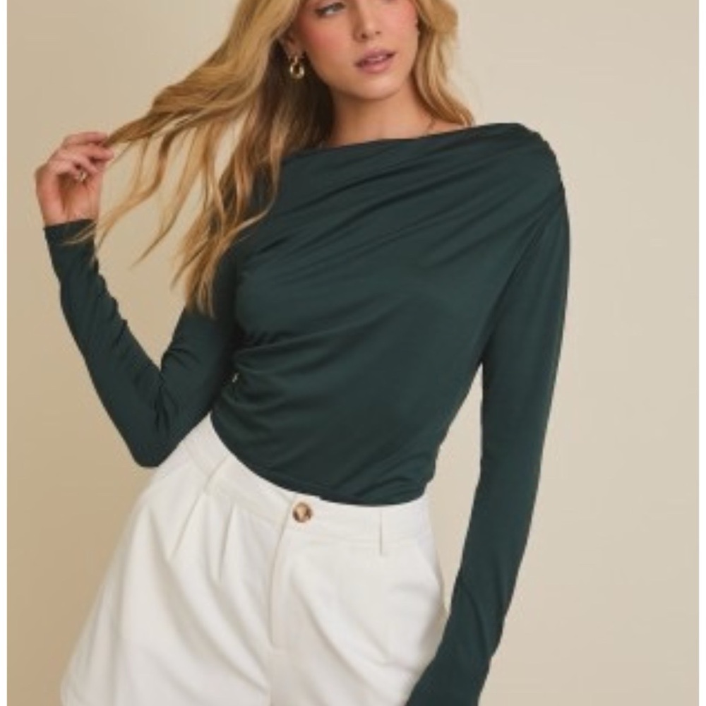 839 • Dark Green Stretch Draped Ruching Bateaux Neckline Long Sleeve Top